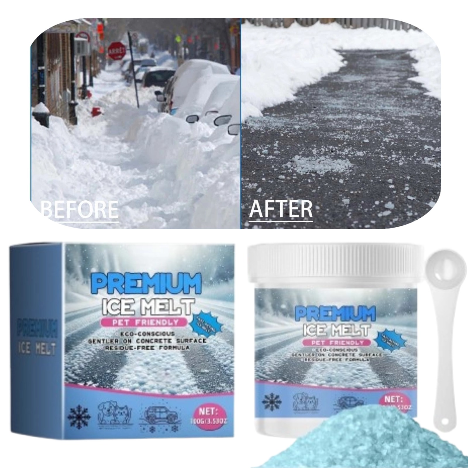 Pet-Friendly Ice Melt Pet Safe Ice Melt Snow Melter Reducing Potential Impacts on The Environment \u0026 Vegetation Bucket with Spoon Return Pallets for Sale Liquidation(100g)(1PCS)